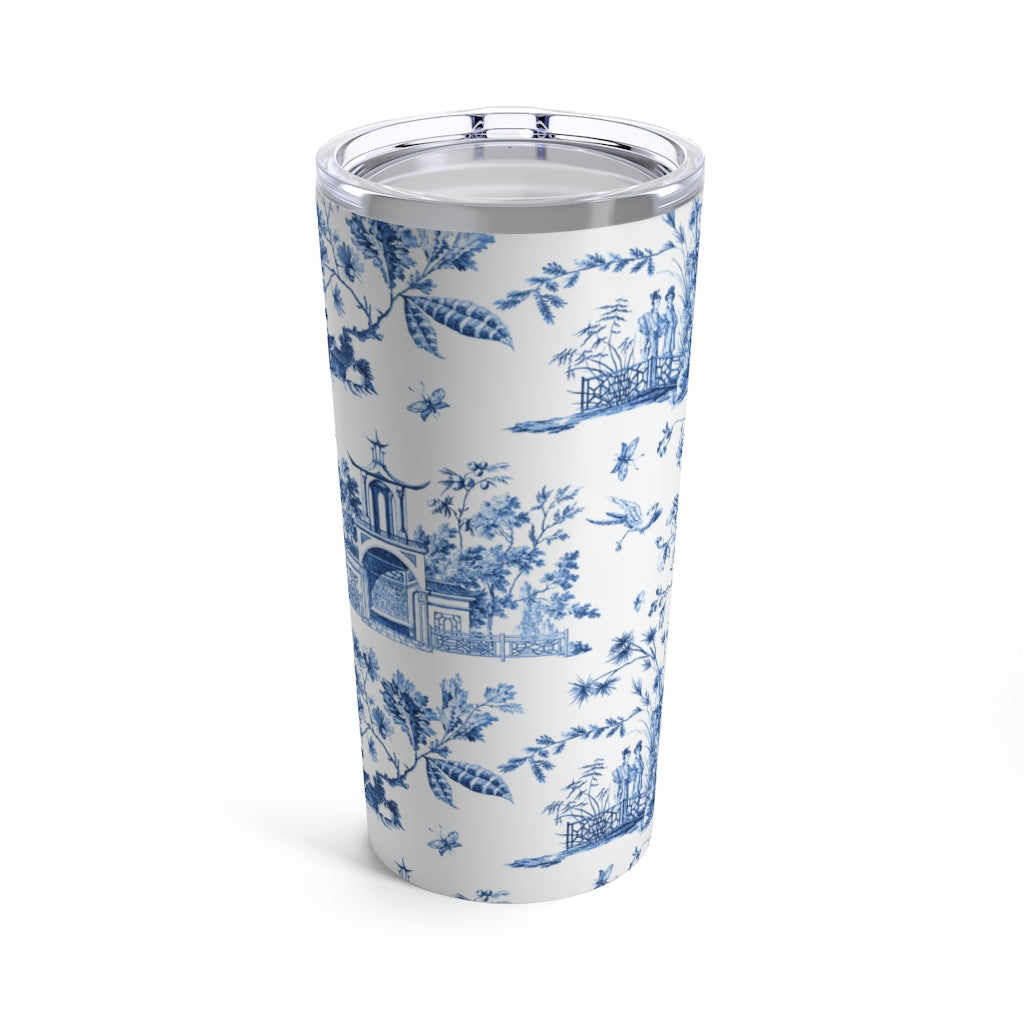 Blue and White Chinoiserie Ceramic Coasters with Holder