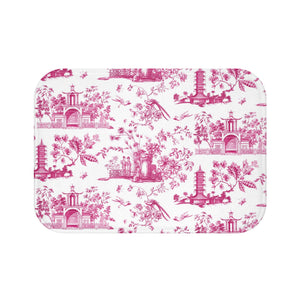 Bath Mat Chinoiserie Toile Pink Pattern, two sizes, anti-slip back