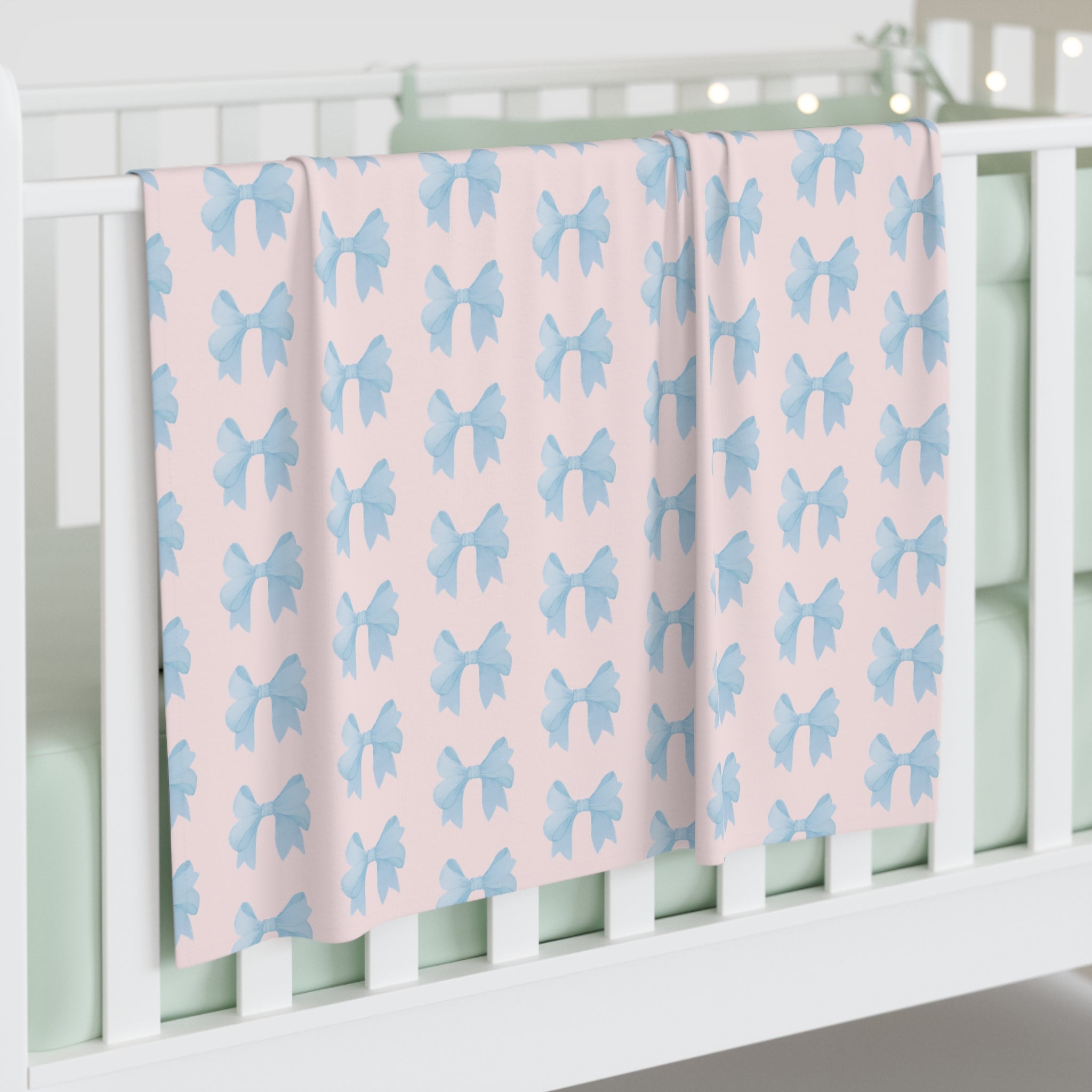 Baby Swaddle Blanket in watercolor blue bow print pattern - blush pink background