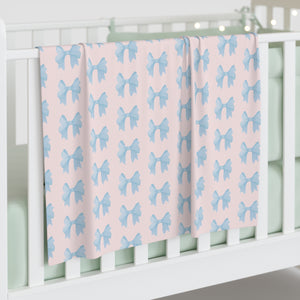 Baby Swaddle Blanket in watercolor blue bow print pattern - blush pink background