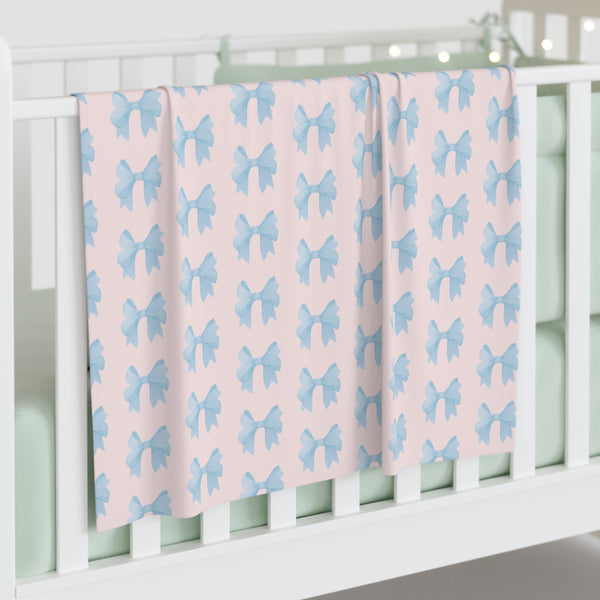 Baby Swaddle Blanket in watercolor blue bow print pattern - blush pink background