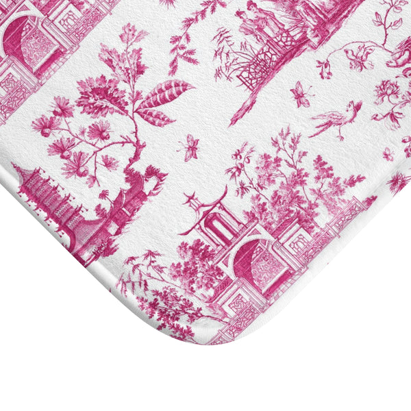 Bath Mat Chinoiserie Toile Pink Pattern, two sizes, anti-slip back