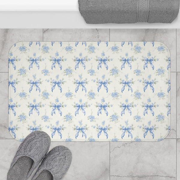 Bath Mat Preppy Blue and White Bows Floral Pattern, two sizes, anti-slip back