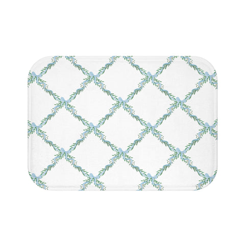 Bathmat Preppy Lattice Watercolor Bows Blue Bath Mat Plush White, Available in Two Sizes, Standard and Large - anti-slip back