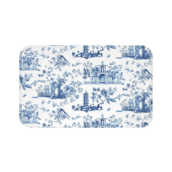 Bath Mat Chinoiserie Toile Blue and White Pattern, two sizes, anti-slip back