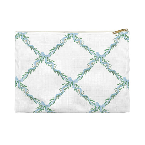 Zipper Pouch Bag, Preppy Watercolor Bow Lattice Blue Pattern- Accessory Pouch Available in Two Sizes