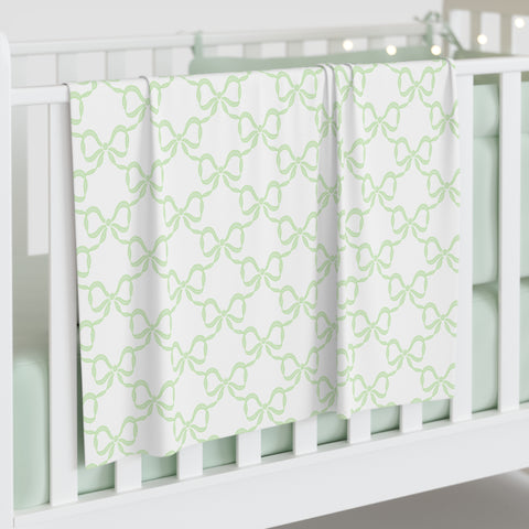 Baby Swaddle Blanket in watercolor bow print pattern - green and white for boys or girls