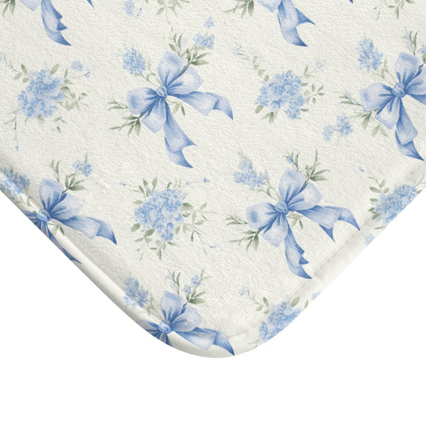 Bath Mat Preppy Blue and White Bows Floral Pattern, two sizes, anti-slip back