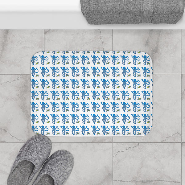 Bath Mat Chinoiserie Preppy Monkeys Blue Pattern, two sizes, anti-slip back