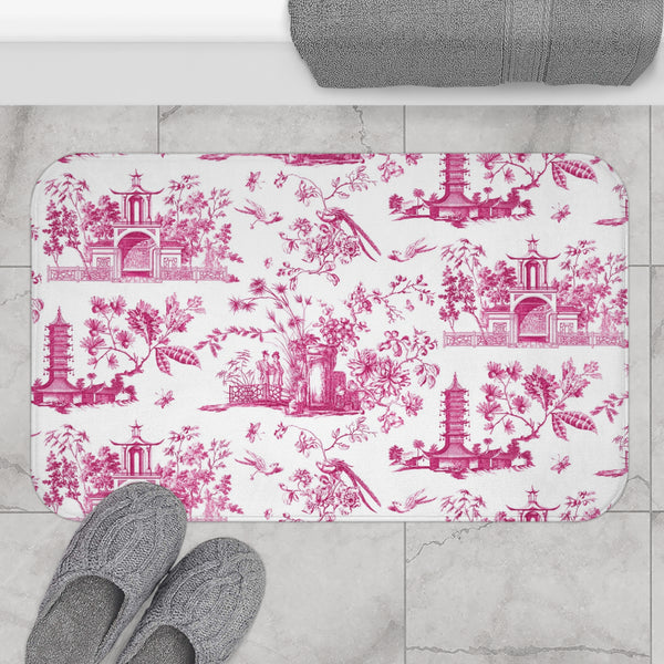 Bath Mat Chinoiserie Toile Pink Pattern, two sizes, anti-slip back