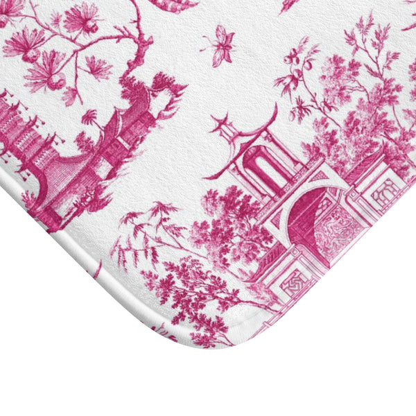 Bath Mat Chinoiserie Toile Pink Pattern, two sizes, anti-slip back