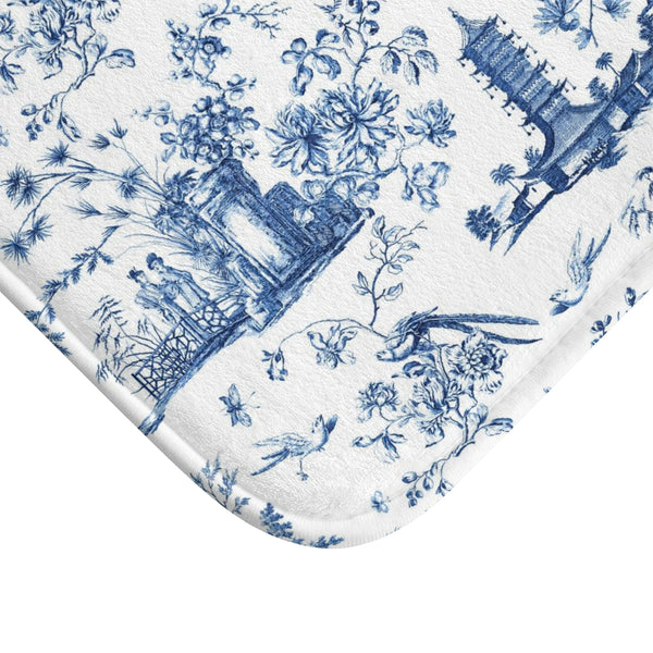 Bath Mat Chinoiserie Toile Blue and White Pattern, two sizes, anti-slip back