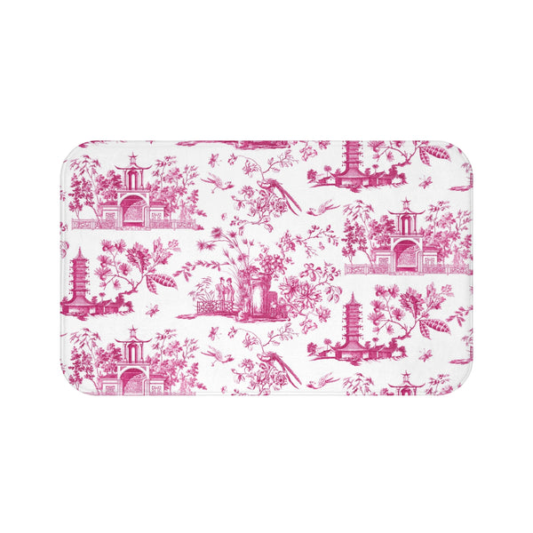 Bath Mat Chinoiserie Toile Pink Pattern, two sizes, anti-slip back