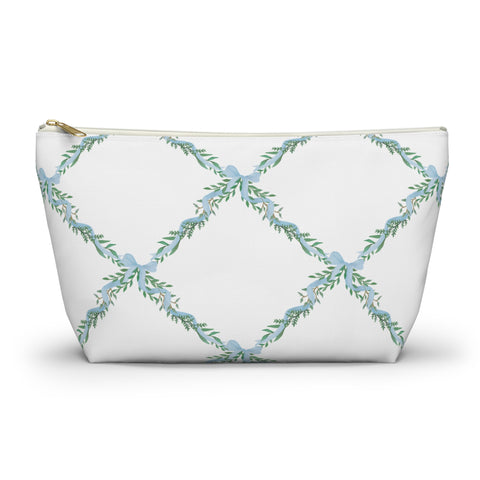 Zipper Pouch, Preppy Lattice Blue Bows - Accessory Bag Available in Two Sizes