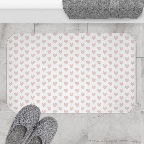 Bath Mat, Preppy Hearts Neutral Blush Bath Mat Plush White, Two Sizes,,anti-slip back