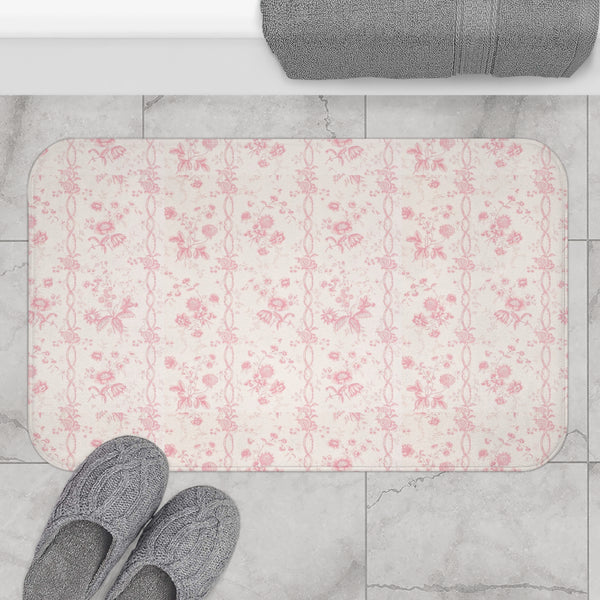 Bath Mat Preppy Chinoiserie Toile Pink Pattern, two sizes, anti-slip back