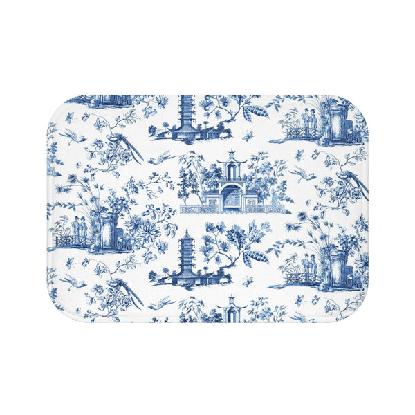 Bath Mat Chinoiserie Toile Blue and White Pattern, two sizes, anti-slip back