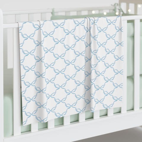 Baby Swaddle Blanket in watercolor bow print pattern - blue and white for boys or girls