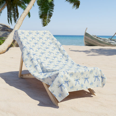 Bath or Beach Towel in Preppy Blue Bows with Floral, Blue flowers - Two Sizes