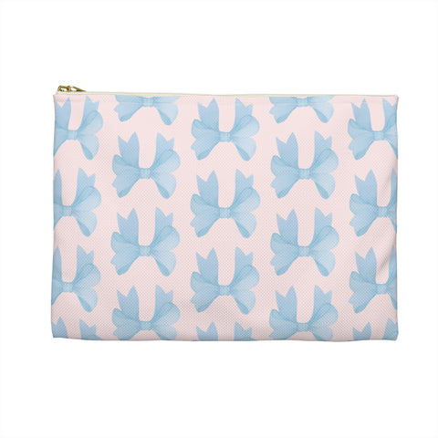 Preppy Blue Bows Watercolor with Blush Pink Background - Accessory Pouch Zip Closure Available in Two Sizes