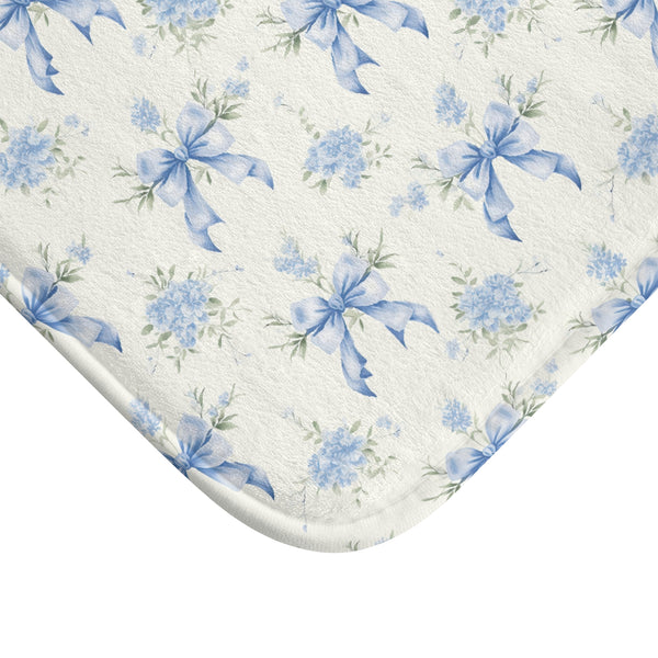 Bath Mat Preppy Blue and White Bows Floral Pattern, two sizes, anti-slip back