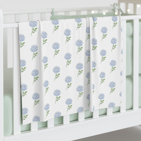 Baby Swaddle Blanket in watercolor hydrangea blue print pattern