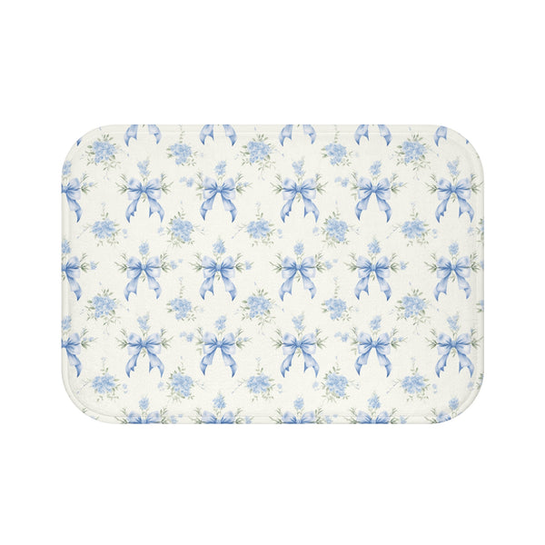 Bath Mat Preppy Blue and White Bows Floral Pattern, two sizes, anti-slip back