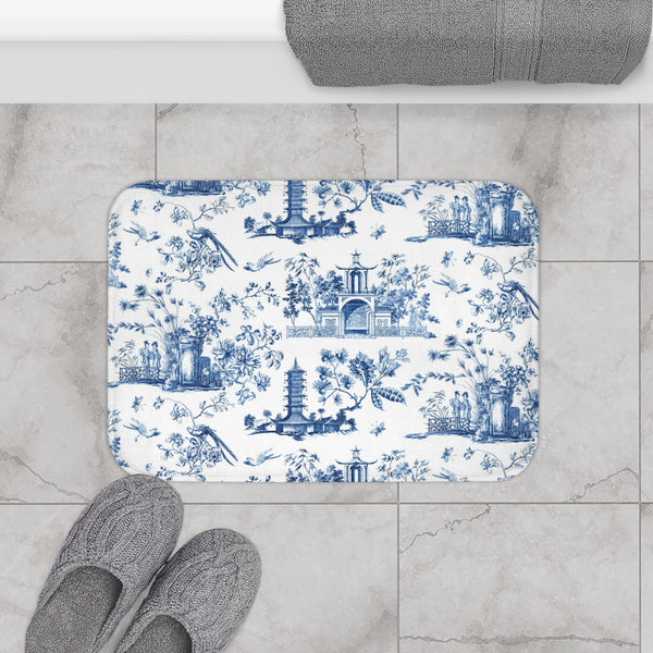 Bath Mat Chinoiserie Toile Blue and White Pattern, two sizes, anti-slip back