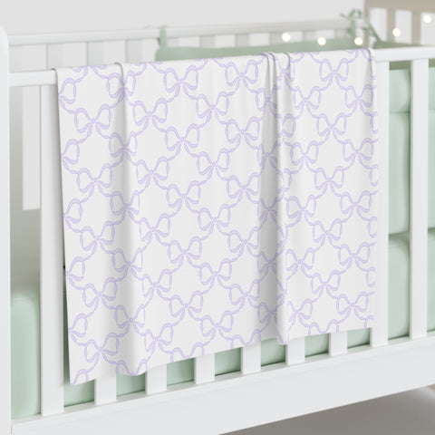 Baby Swaddle Blanket in watercolor bow print pattern - lavender, lilac, soft purple and white for boys or girls