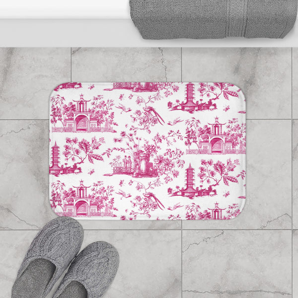 Bath Mat Chinoiserie Toile Pink Pattern, two sizes, anti-slip back