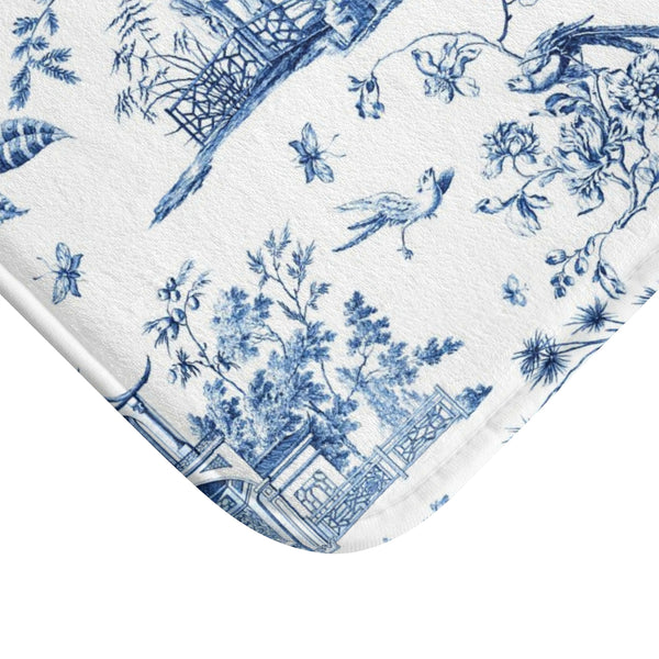 Bath Mat Chinoiserie Toile Blue and White Pattern, two sizes, anti-slip back