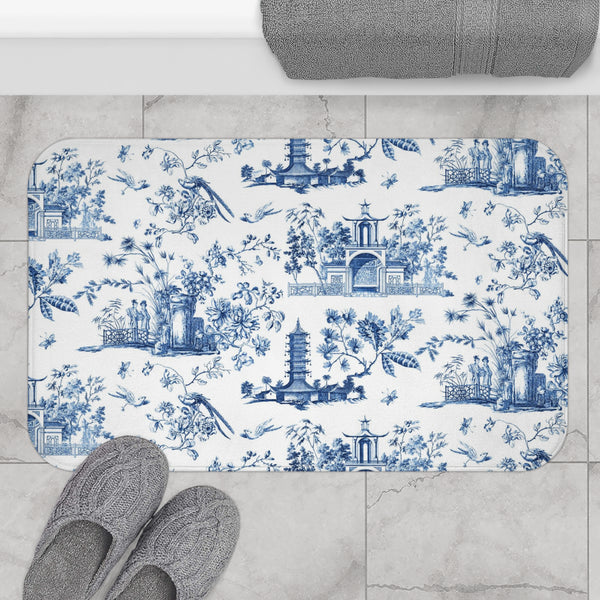 Bath Mat Chinoiserie Toile Blue and White Pattern, two sizes, anti-slip back