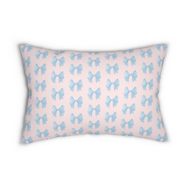 Lumbar Pillow with insert Bow Pattern Blue with Pink background , 14" X 20"