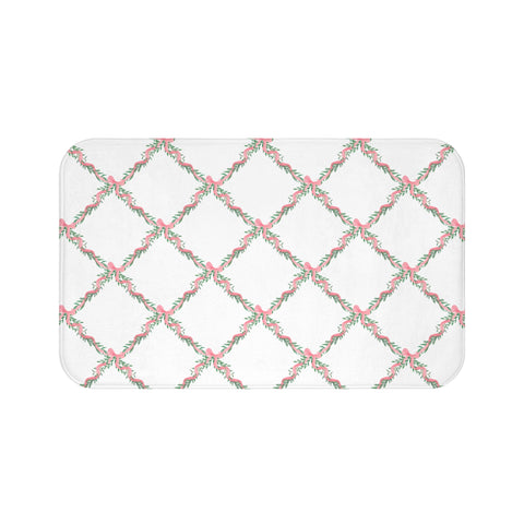 Bathmat Preppy Bow Lattice Watercolor Pink Bath Mat Plush White, Available in Two Sizes, Standard and Large - anti-slip back