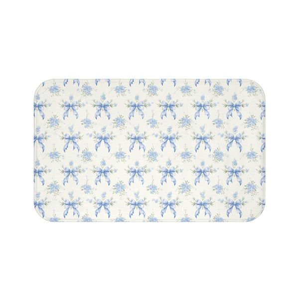 Bath Mat Preppy Blue and White Bows Floral Pattern, two sizes, anti-slip back