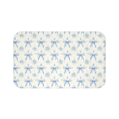 Bath Mat Preppy Blue and White Bows Floral Pattern, two sizes, anti-slip back