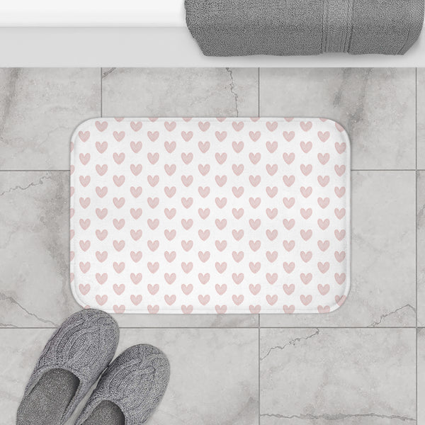 Bath Mat, Preppy Hearts Neutral Blush Bath Mat Plush White, Two Sizes,,anti-slip back