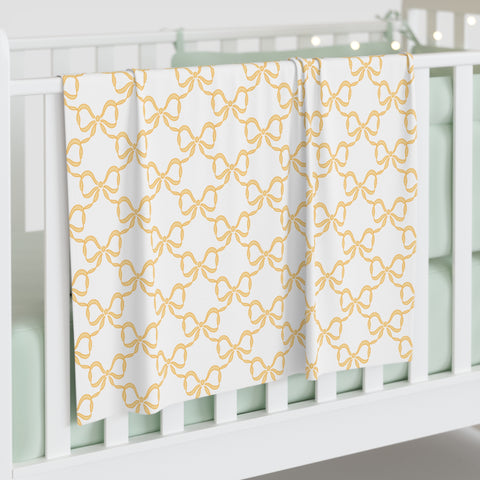 Baby Swaddle Blanket in watercolor bow print pattern - golden yellow and white for girls, preppy baby nursery, preppy room decor