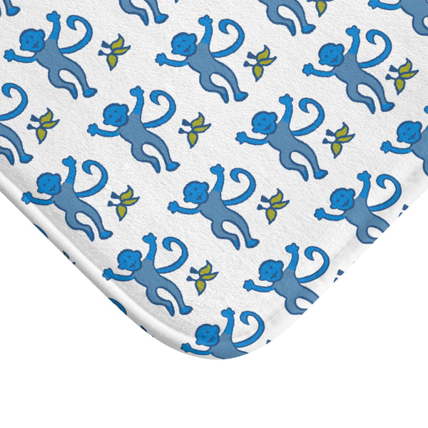 Bath Mat Chinoiserie Preppy Monkeys Blue Pattern, two sizes, anti-slip back