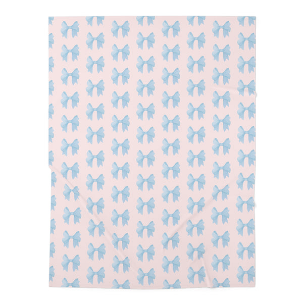 Baby Swaddle Blanket in watercolor blue bow print pattern - blush pink background