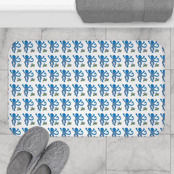 Bath Mat Chinoiserie Preppy Monkeys Blue Pattern, two sizes, anti-slip back