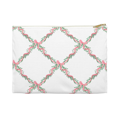 Zipper Pouch Bag, Preppy Watercolor Bow Lattice PInk Pattern- Accessory Pouch Available in Two Sizes