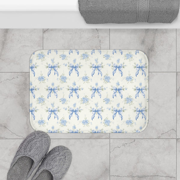 Bath Mat Preppy Blue and White Bows Floral Pattern, two sizes, anti-slip back