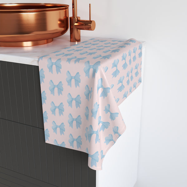 Hand Towel Blue Bows, Blush Pink Towel