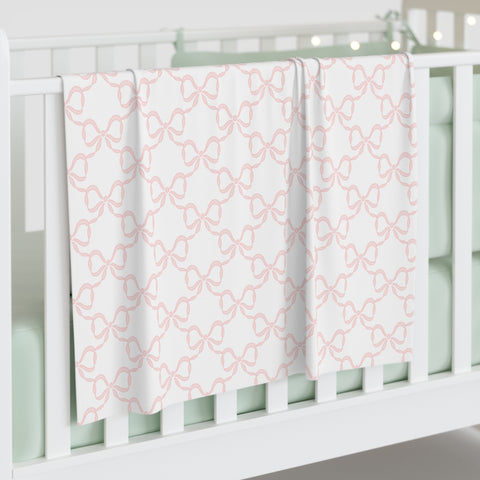 Baby Swaddle Blanket in watercolor bow print pattern - soft blush pink and white for girls, preppy baby nursery, preppy room decor