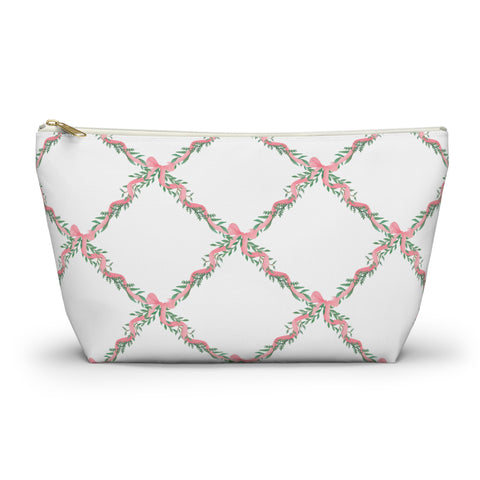 Zipper Pouch, Preppy Lattice Pink Bows - Accessory Bag Available in Two Sizes