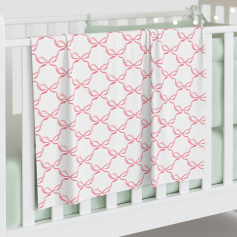 Baby Swaddle Blanket in watercolor bow print pattern - pink and white for boys or girls