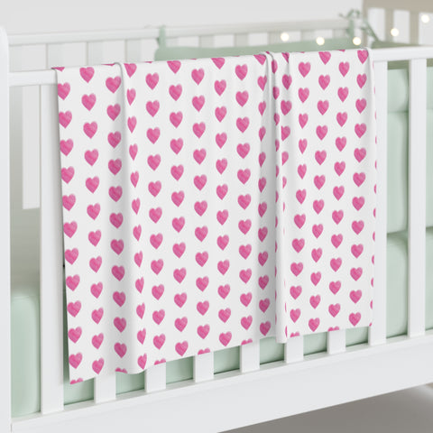 Baby Swaddle Blanket in preppy watercolor heart print pattern - hot pink and white for boys or girls