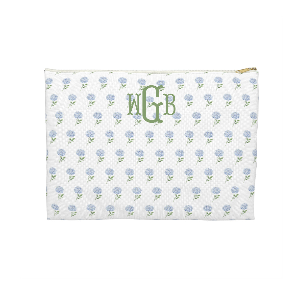 Canvas Zip Monogrammed Blue Hydrangea Pattern - Accessory Pouch Zip Closure Available in Two Sizes