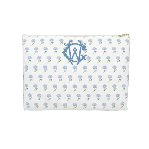 Canvas Zip Monogrammed Blue Hydrangea Pattern - Accessory Pouch Zip Closure Available in Two Sizes